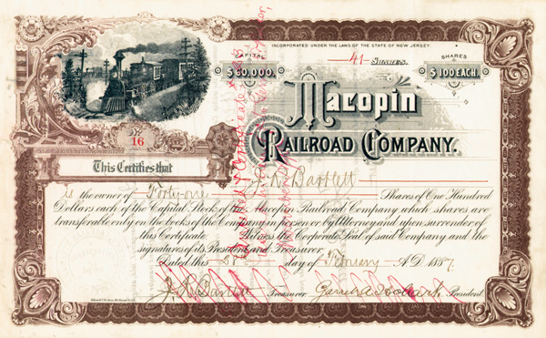 Macopin Railroad Co. signed by Garret A. Hobart - Stock Certificate